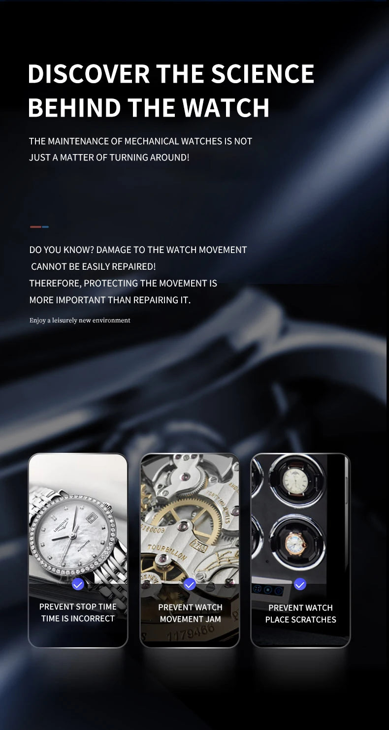 Remontoir en bois 'boite a montre' coffret montre avec capacité de 12, 24 ou 30 montres, ouverture par empreinte digitale, moteur silencieux Mabuchi et compartiments de rangement sécurisés.