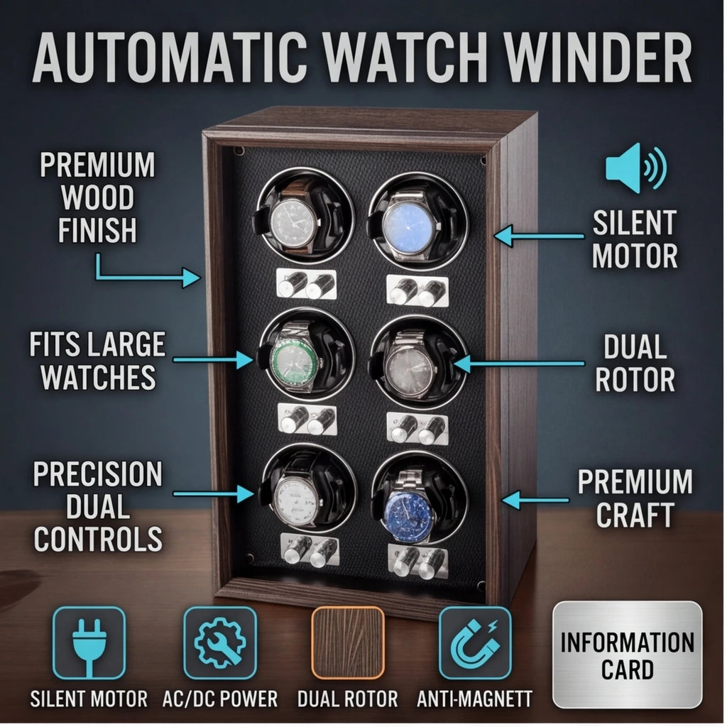 Remontoir automatique pour montres — Coffret de rangement et de présentation vertical pour collection, finition bois foncé, avec 6 emplacements pour montres mécaniques.