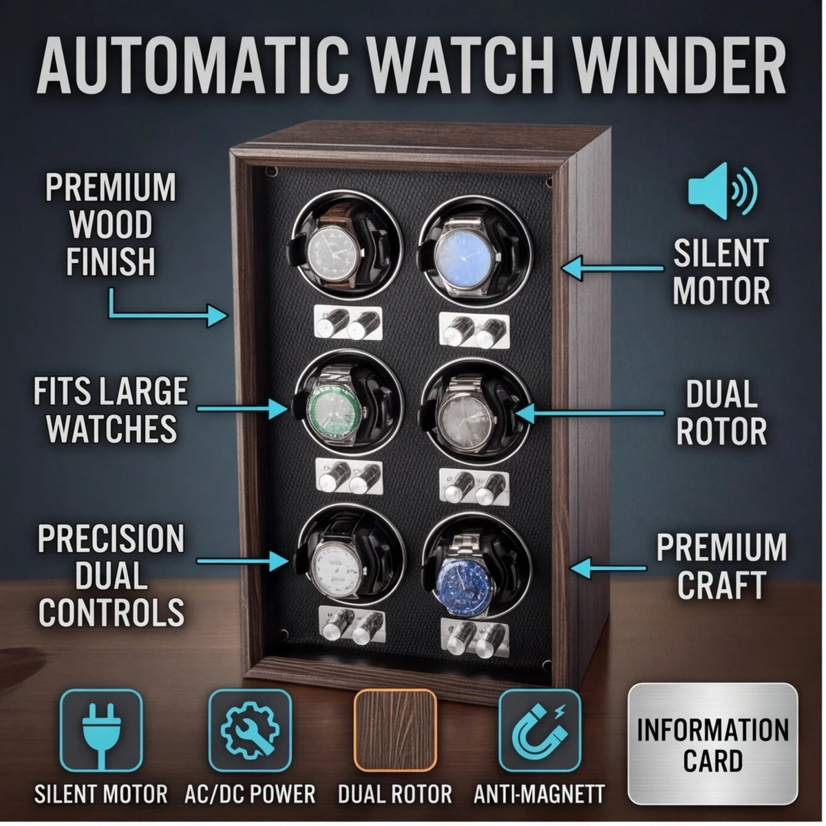Remontoir automatique pour montres — Coffret de rangement et de présentation vertical pour collection, finition bois foncé, avec 6 emplacements pour montres mécaniques.
