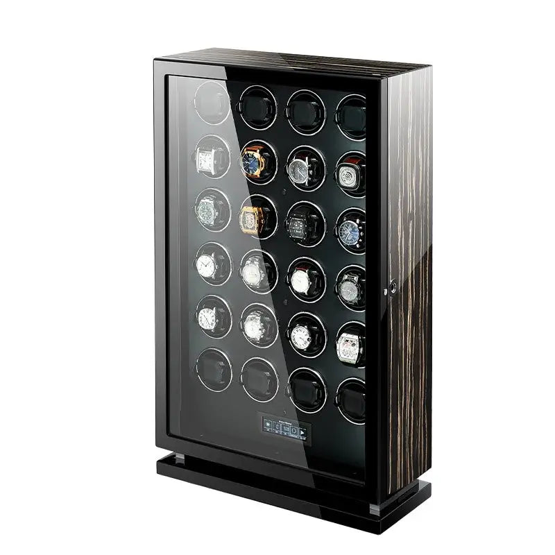 Remontoir en bois 'boite a montre' coffret montre avec capacité de 12, 24 ou 30 montres, ouverture par empreinte digitale, moteur silencieux Mabuchi et compartiments de rangement sécurisés.