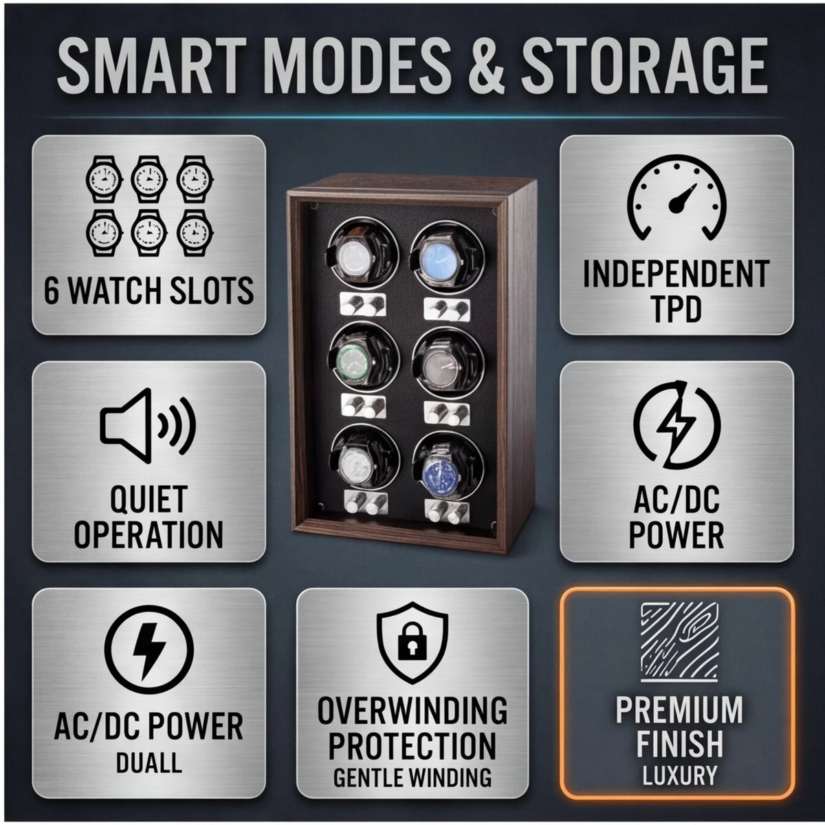 Remontoir automatique pour montres — Coffret de rangement et de présentation vertical pour collection, finition bois foncé, avec 6 emplacements pour montres mécaniques.