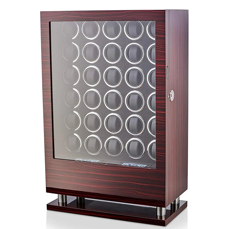 Remontoir en bois 'boite a montre' coffret montre avec capacité de 12, 24 ou 30 montres, ouverture par empreinte digitale, moteur silencieux Mabuchi et compartiments de rangement sécurisés.