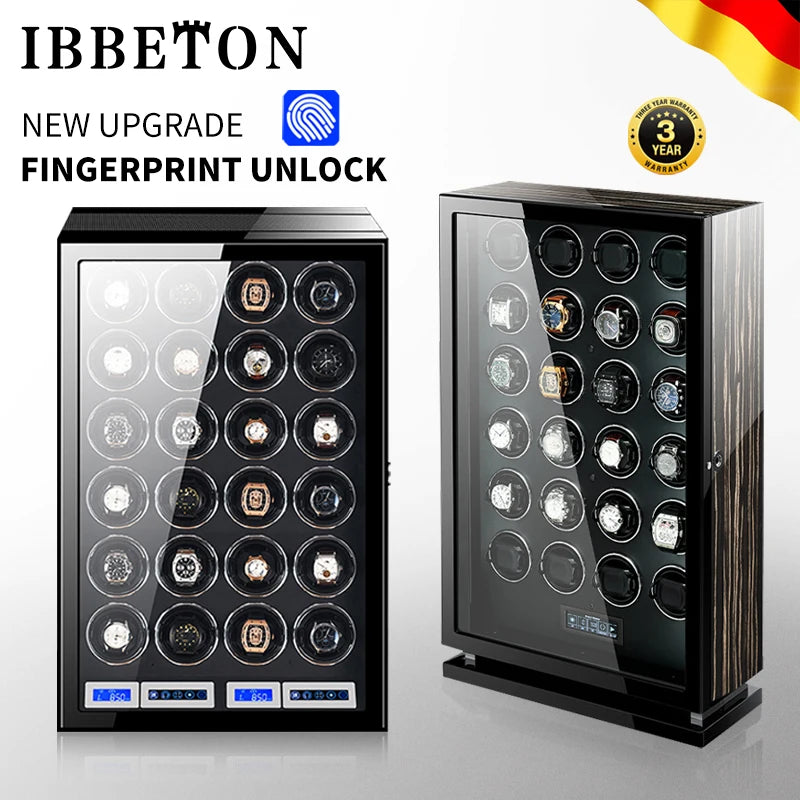 Remontoir en bois 'boite a montre' coffret montre avec capacité de 12, 24 ou 30 montres, ouverture par empreinte digitale, moteur silencieux Mabuchi et compartiments de rangement sécurisés.