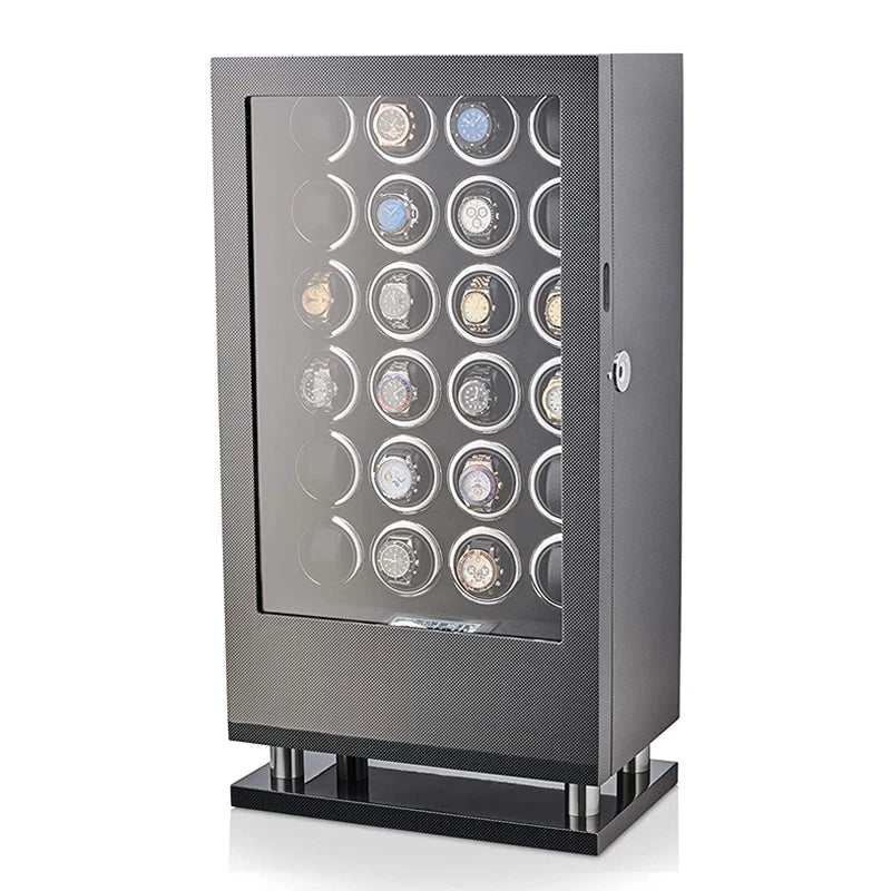 Remontoir en bois 'boite a montre' coffret montre avec capacité de 12, 24 ou 30 montres, ouverture par empreinte digitale, moteur silencieux Mabuchi et compartiments de rangement sécurisés.