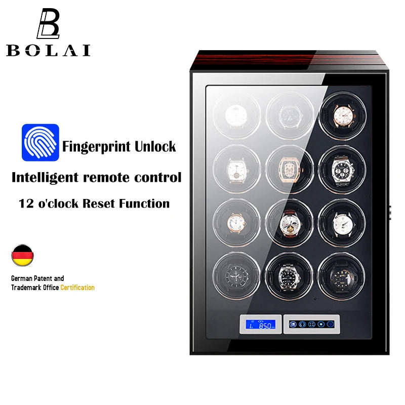 Remontoir en bois 'boite a montre' coffret montre avec capacité de 12, 24 ou 30 montres, ouverture par empreinte digitale, moteur silencieux Mabuchi et compartiments de rangement sécurisés.