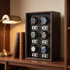 Remontoir automatique pour montres — Coffret de rangement et de présentation vertical pour collection, finition bois foncé, avec 6 emplacements pour montres mécaniques.