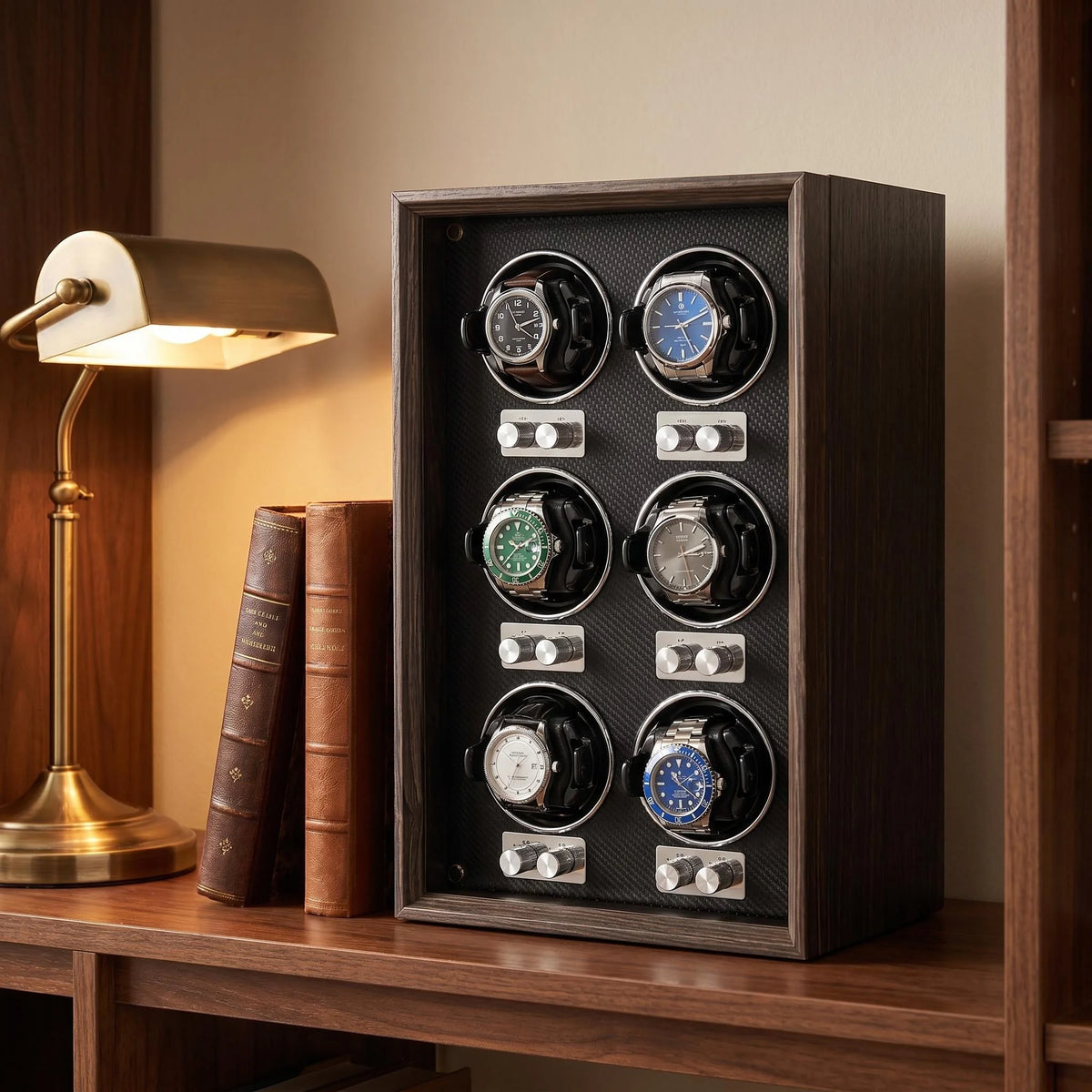 Remontoir automatique pour montres — Coffret de rangement et de présentation vertical pour collection, finition bois foncé, avec 6 emplacements pour montres mécaniques.