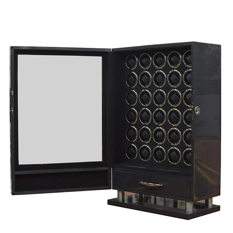 Remontoir en bois 'boite a montre' coffret montre avec capacité de 12, 24 ou 30 montres, ouverture par empreinte digitale, moteur silencieux Mabuchi et compartiments de rangement sécurisés.