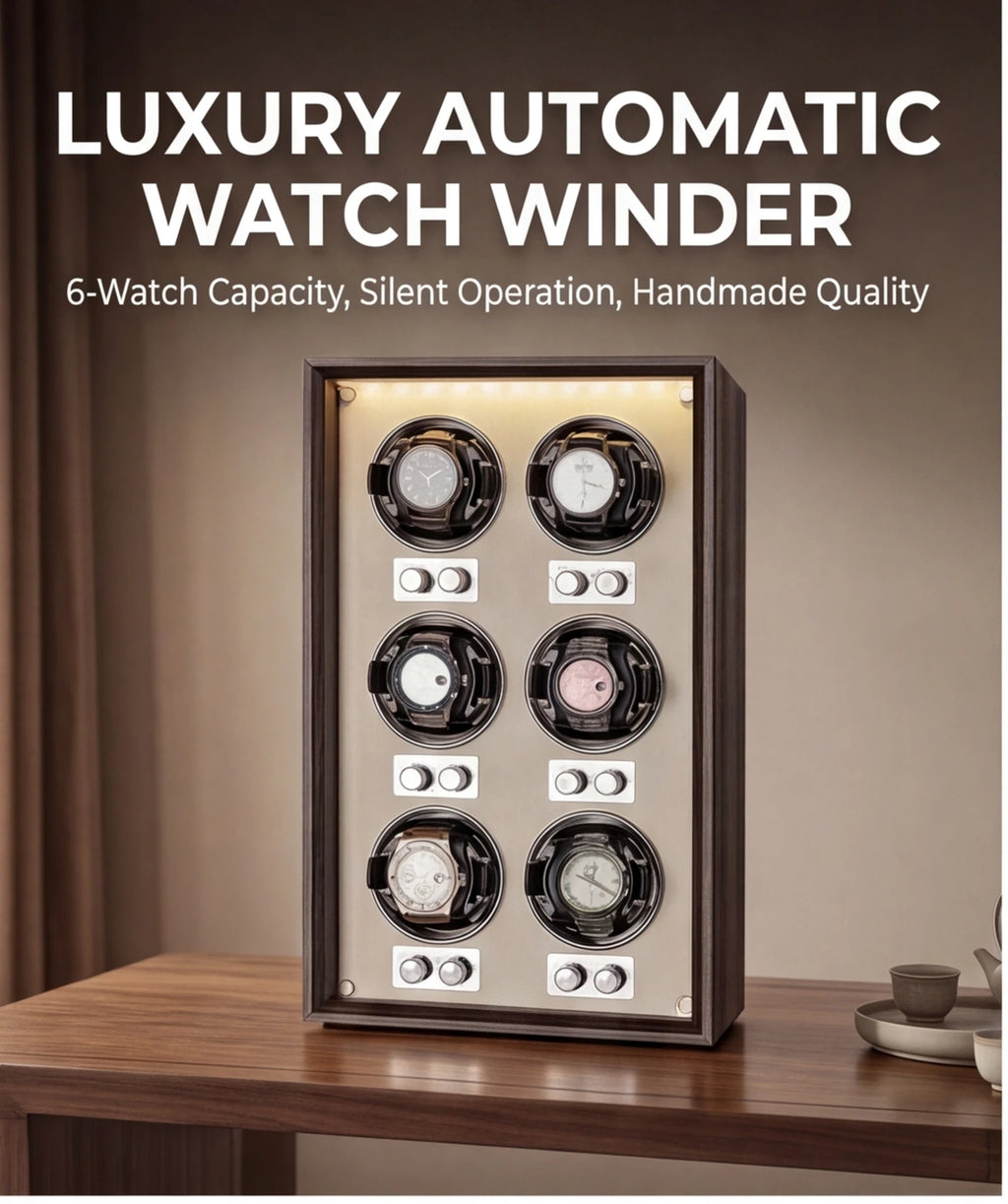 Remontoir automatique pour montres — Coffret de rangement et de présentation vertical pour collection, finition bois foncé, avec 6 emplacements pour montres mécaniques.