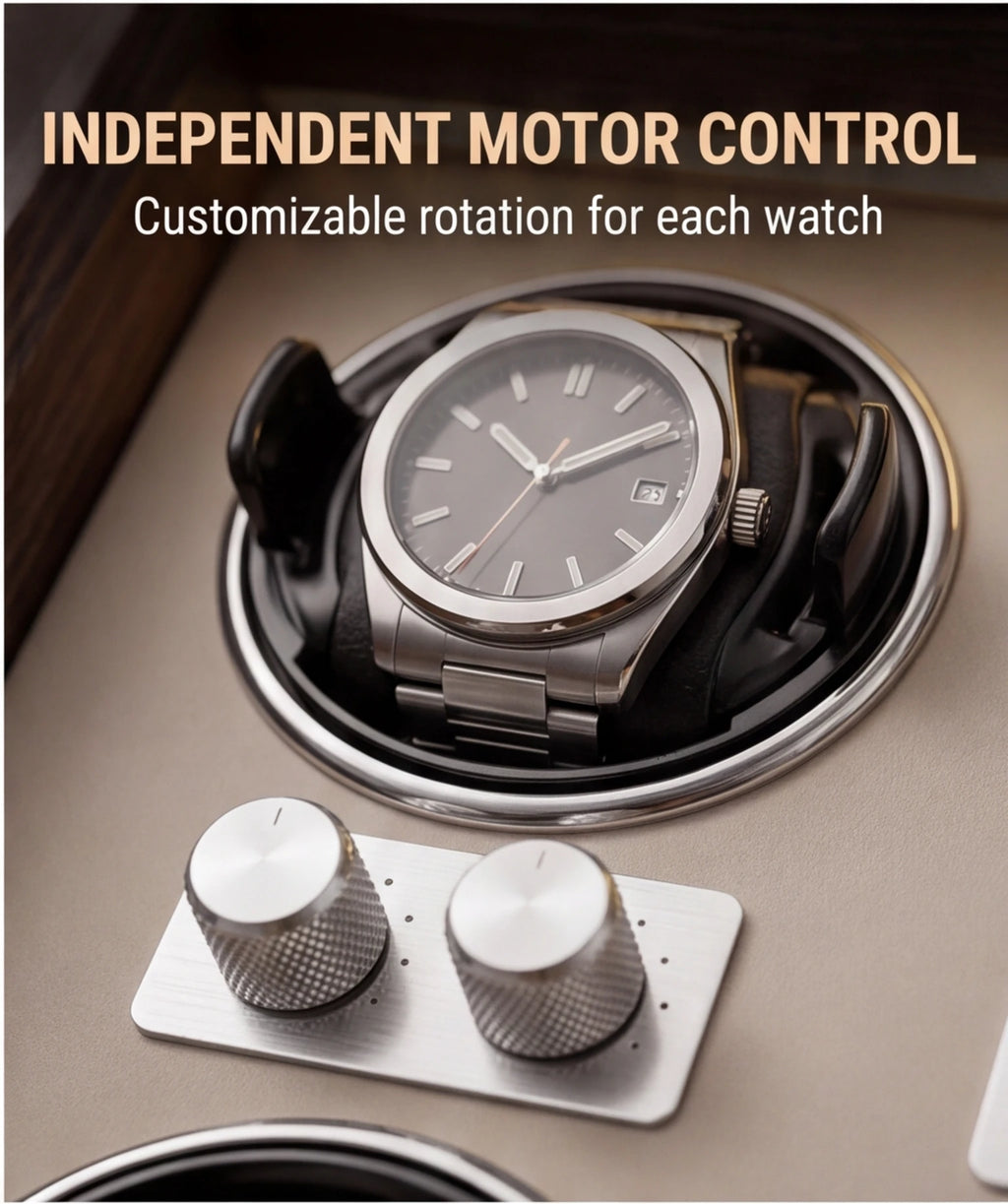 Remontoir automatique pour montres — Coffret de rangement et de présentation vertical pour collection, finition bois foncé, avec 6 emplacements pour montres mécaniques.