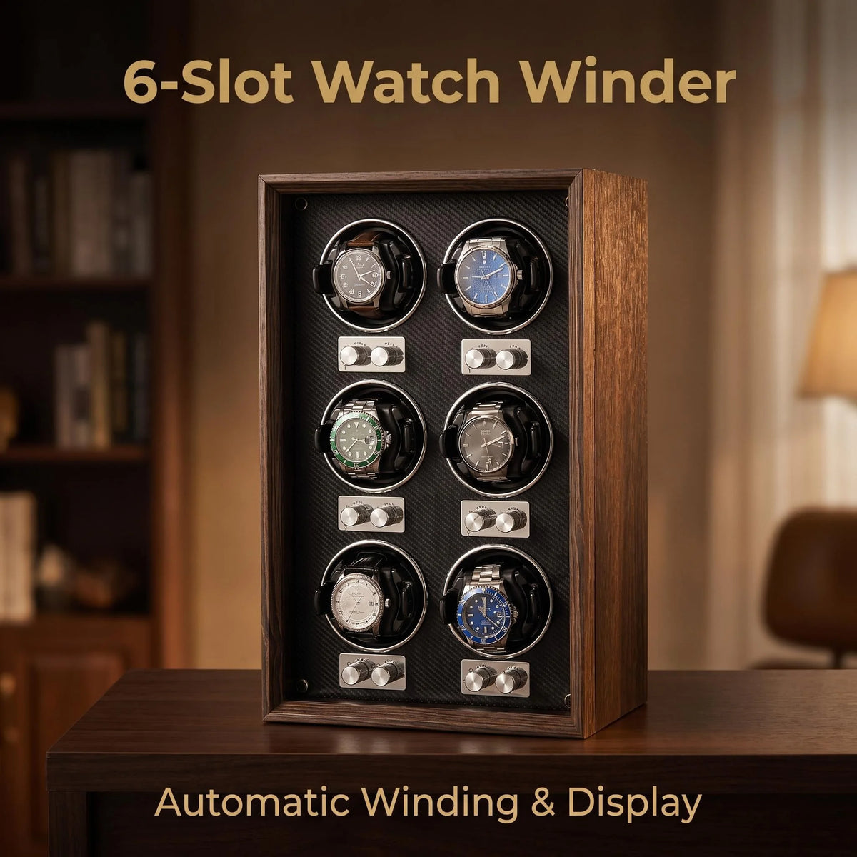 Remontoir automatique pour montres — Coffret de rangement et de présentation vertical pour collection, finition bois foncé, avec 6 emplacements pour montres mécaniques.