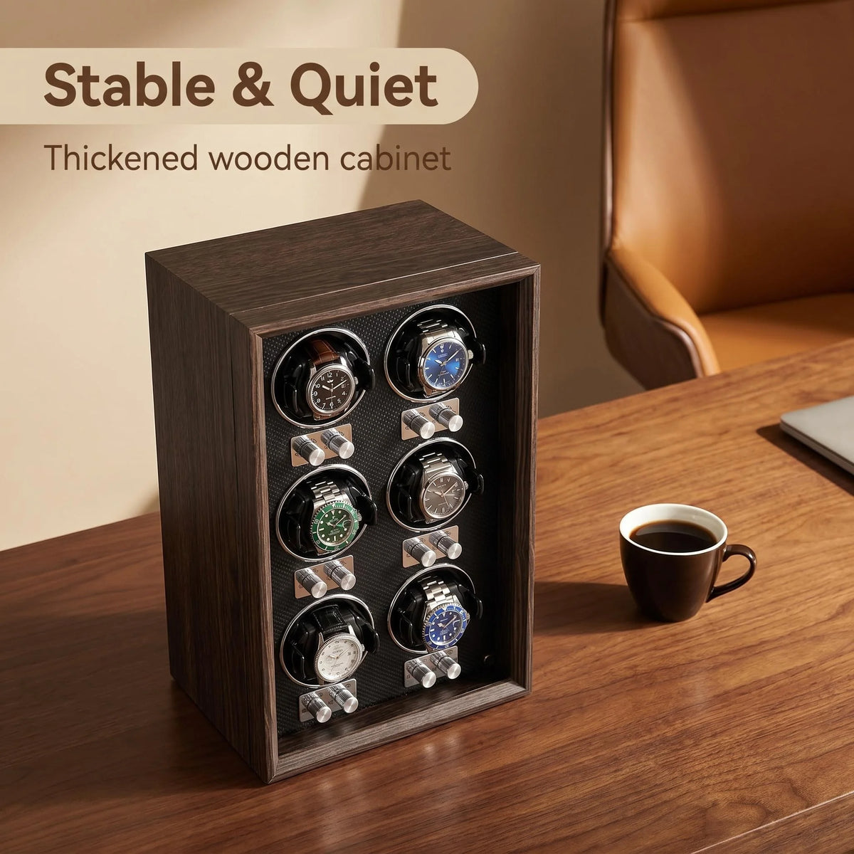 Remontoir automatique pour montres — Coffret de rangement et de présentation vertical pour collection, finition bois foncé, avec 6 emplacements pour montres mécaniques.
