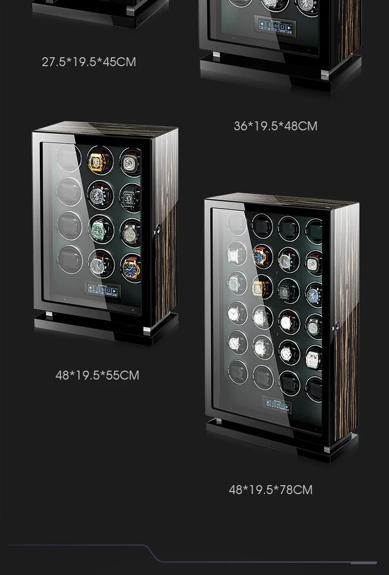 Remontoir en bois 'boite a montre' coffret montre avec capacité de 12, 24 ou 30 montres, ouverture par empreinte digitale, moteur silencieux Mabuchi et compartiments de rangement sécurisés.