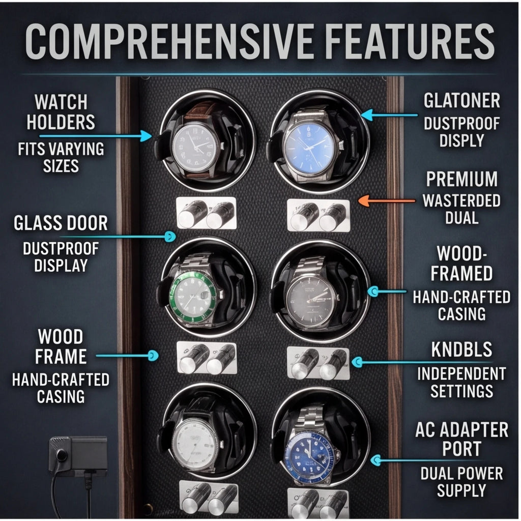 Remontoir automatique pour montres — Coffret de rangement et de présentation vertical pour collection, finition bois foncé, avec 6 emplacements pour montres mécaniques.