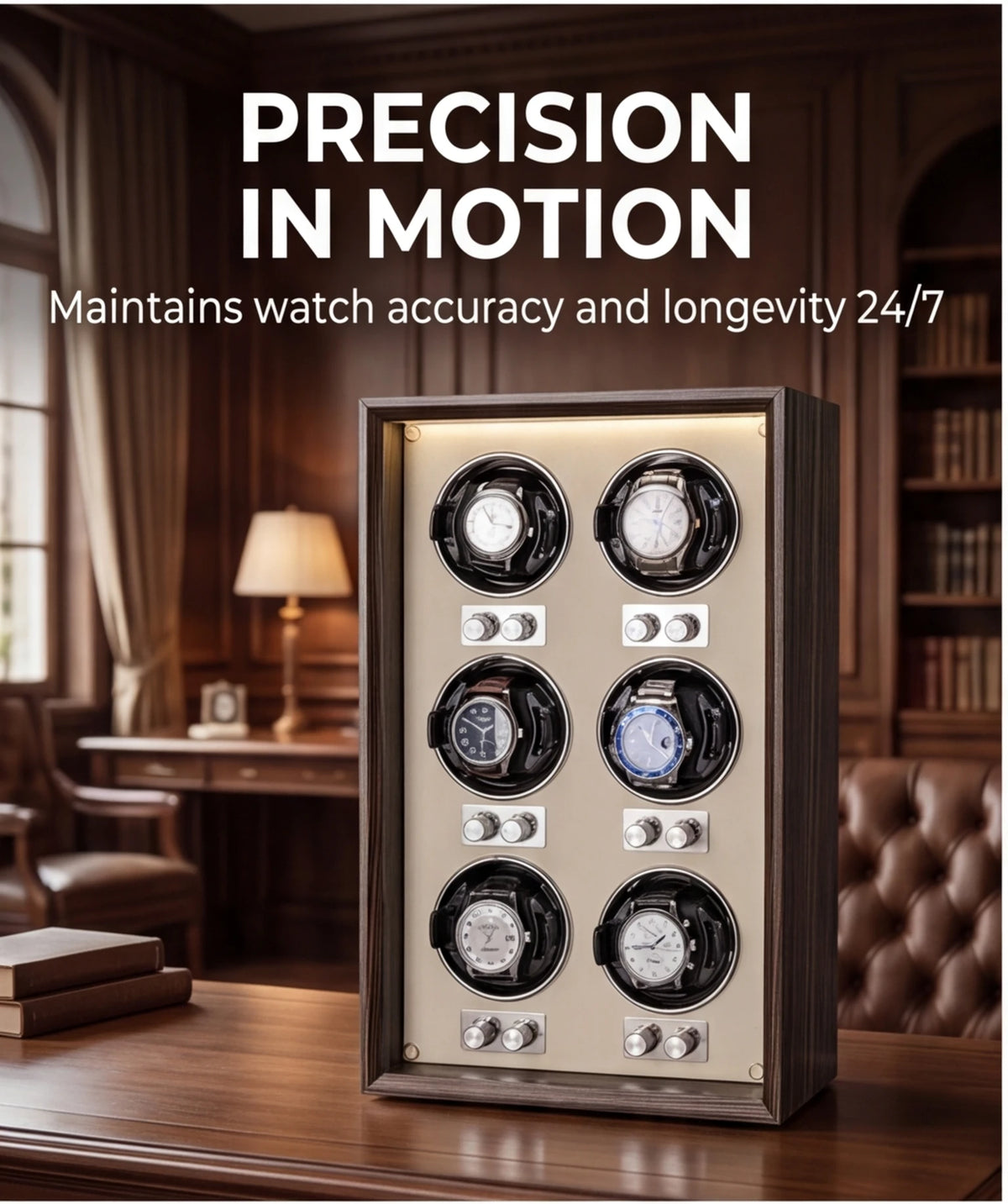 Remontoir automatique pour montres — Coffret de rangement et de présentation vertical pour collection, finition bois foncé, avec 6 emplacements pour montres mécaniques.
