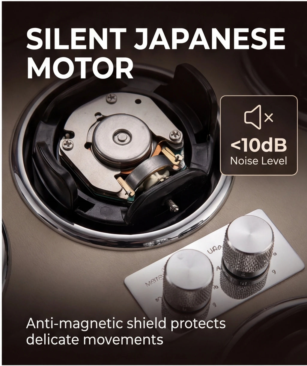 Remontoir automatique pour montres — Coffret de rangement et de présentation vertical pour collection, finition bois foncé, avec 6 emplacements pour montres mécaniques.