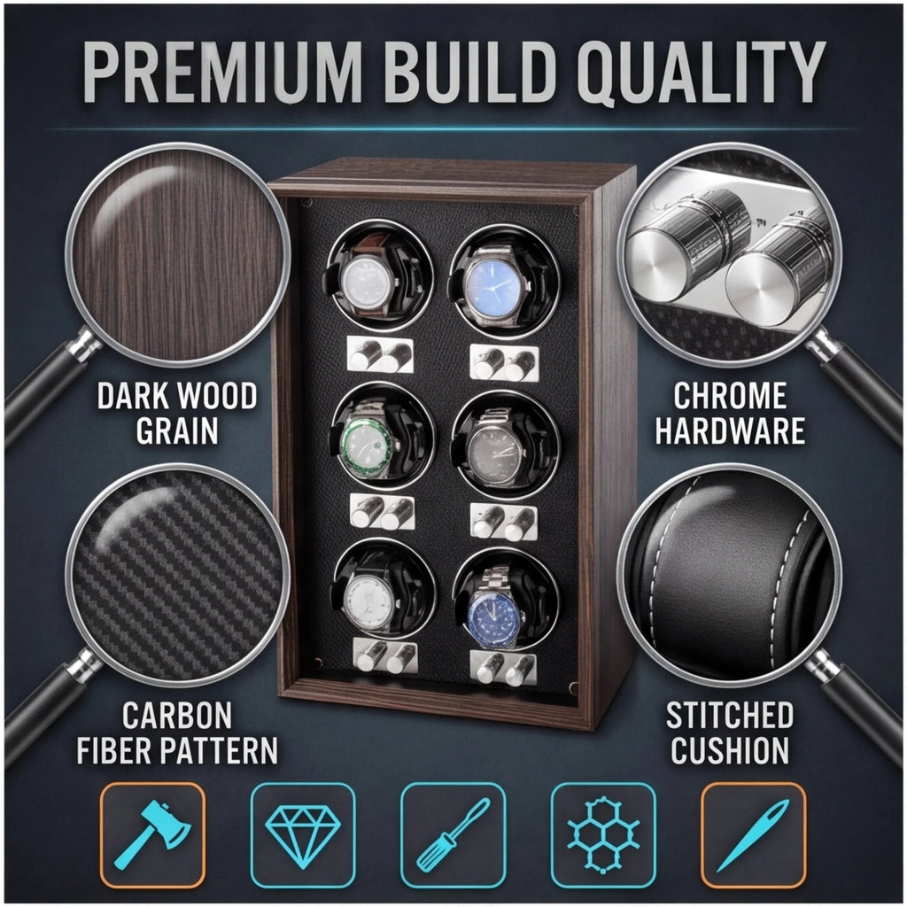 Remontoir automatique pour montres — Coffret de rangement et de présentation vertical pour collection, finition bois foncé, avec 6 emplacements pour montres mécaniques.