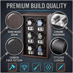 Remontoir automatique pour montres — Coffret de rangement et de présentation vertical pour collection, finition bois foncé, avec 6 emplacements pour montres mécaniques.