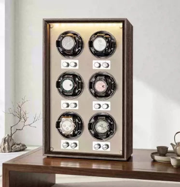 Remontoir automatique pour montres — Coffret de rangement et de présentation vertical pour collection, finition bois foncé, avec 6 emplacements pour montres mécaniques.