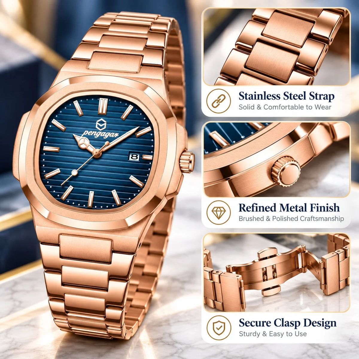Men's Luxury Quartz Watch Rose Gold Waterproof Luminous Wristwatch Date Display Fashion Business Watches for Men Gift Box