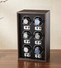Remontoir automatique pour montres — Coffret de rangement et de présentation vertical pour collection, finition bois foncé, avec 6 emplacements pour montres mécaniques.