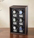 Remontoir automatique pour montres — Coffret de rangement et de présentation vertical pour collection, finition bois foncé, avec 6 emplacements pour montres mécaniques.