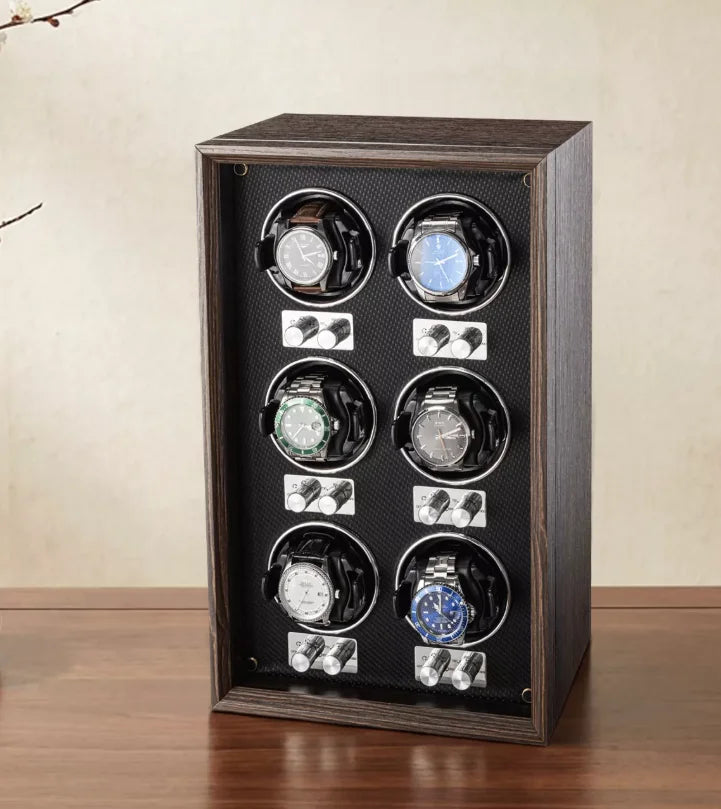 Remontoir automatique pour montres — Coffret de rangement et de présentation vertical pour collection, finition bois foncé, avec 6 emplacements pour montres mécaniques.