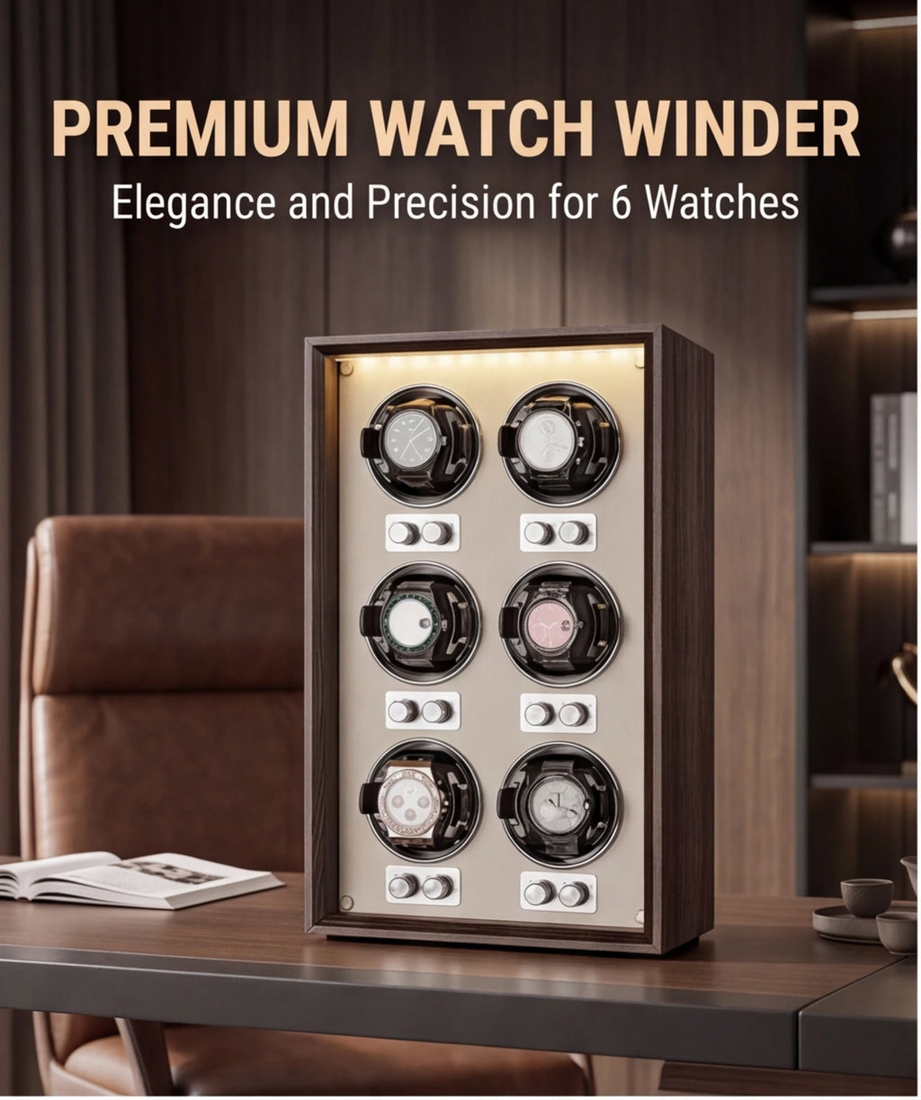 Remontoir automatique pour montres — Coffret de rangement et de présentation vertical pour collection, finition bois foncé, avec 6 emplacements pour montres mécaniques.