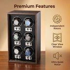 Remontoir automatique pour montres — Coffret de rangement et de présentation vertical pour collection, finition bois foncé, avec 6 emplacements pour montres mécaniques.