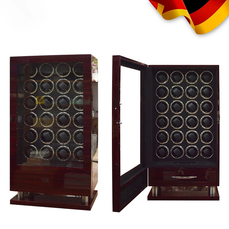 Remontoir en bois 'boite a montre' coffret montre avec capacité de 12, 24 ou 30 montres, ouverture par empreinte digitale, moteur silencieux Mabuchi et compartiments de rangement sécurisés.